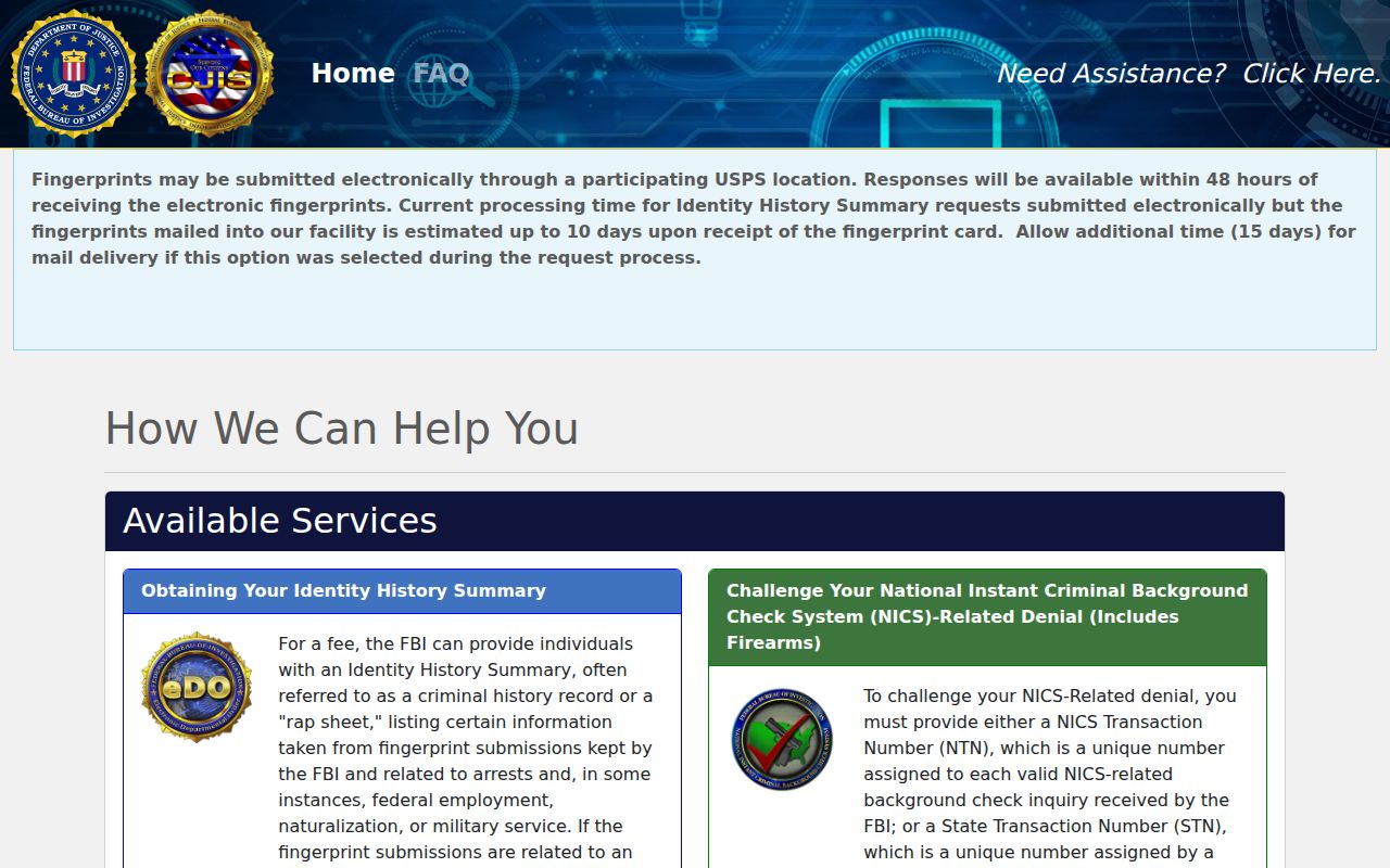 FBI personal identity history request portal for Kiowa County self-review