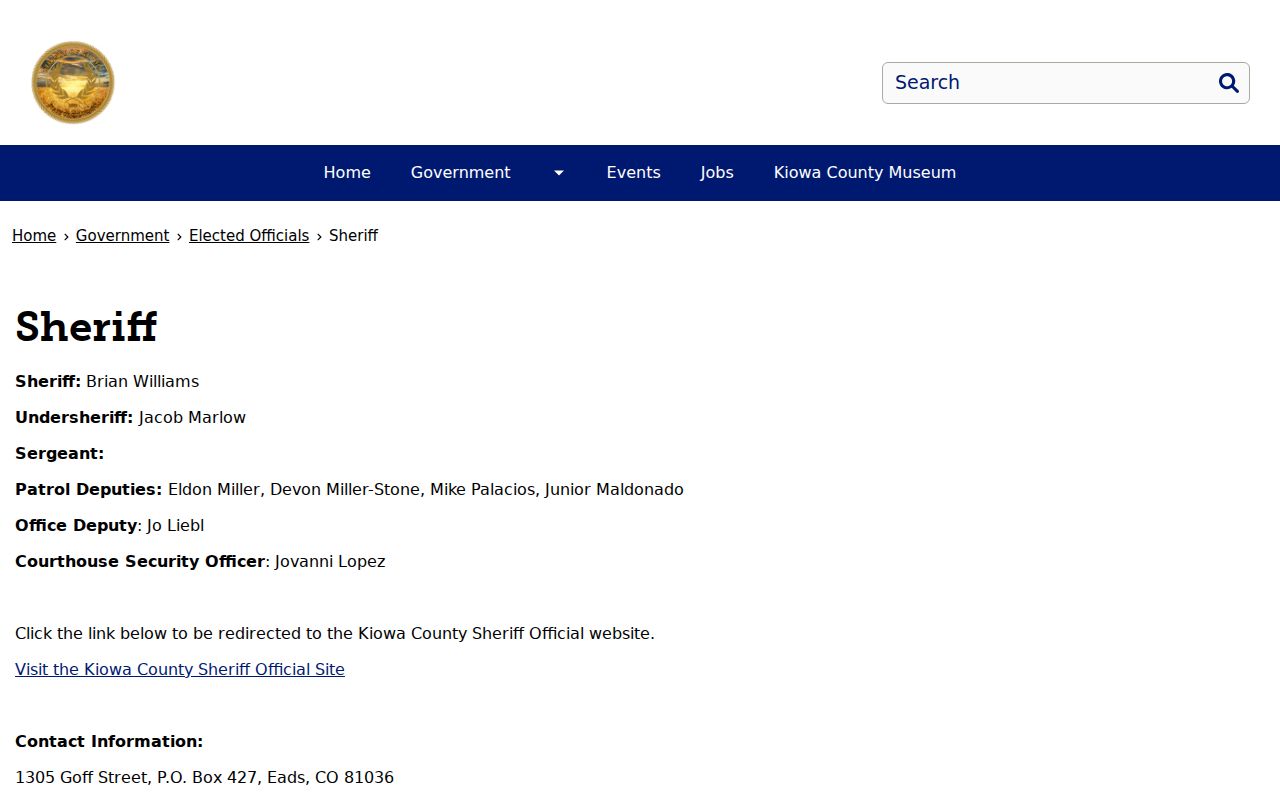 Kiowa County Sheriff official criminal records contact page