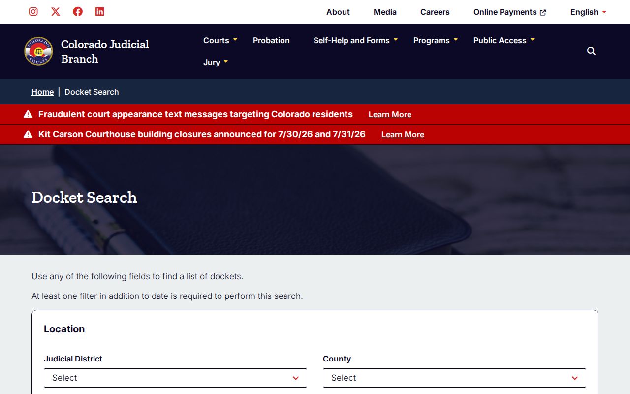 Kiowa County criminal court docket search controls from Colorado Judicial Branch