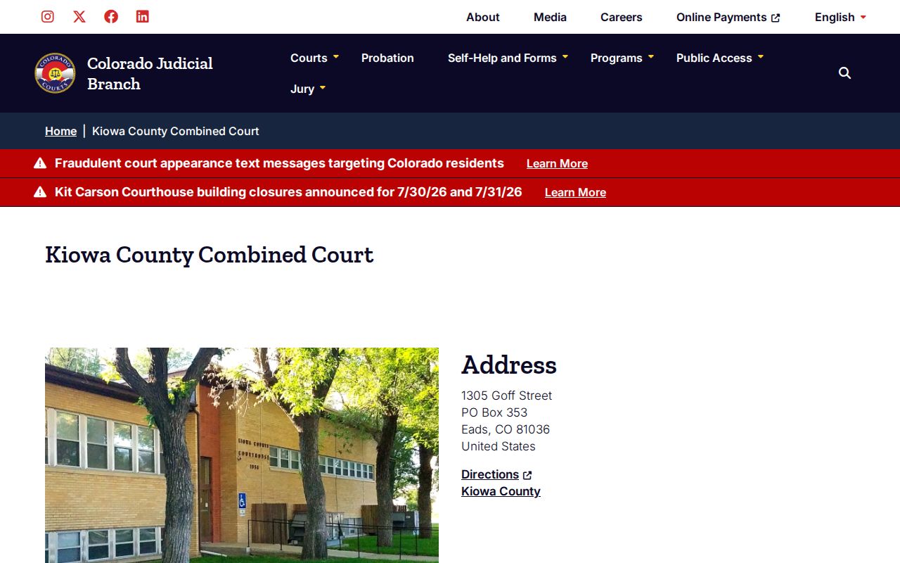 Kiowa County criminal court records building at the Combined Court in Eads