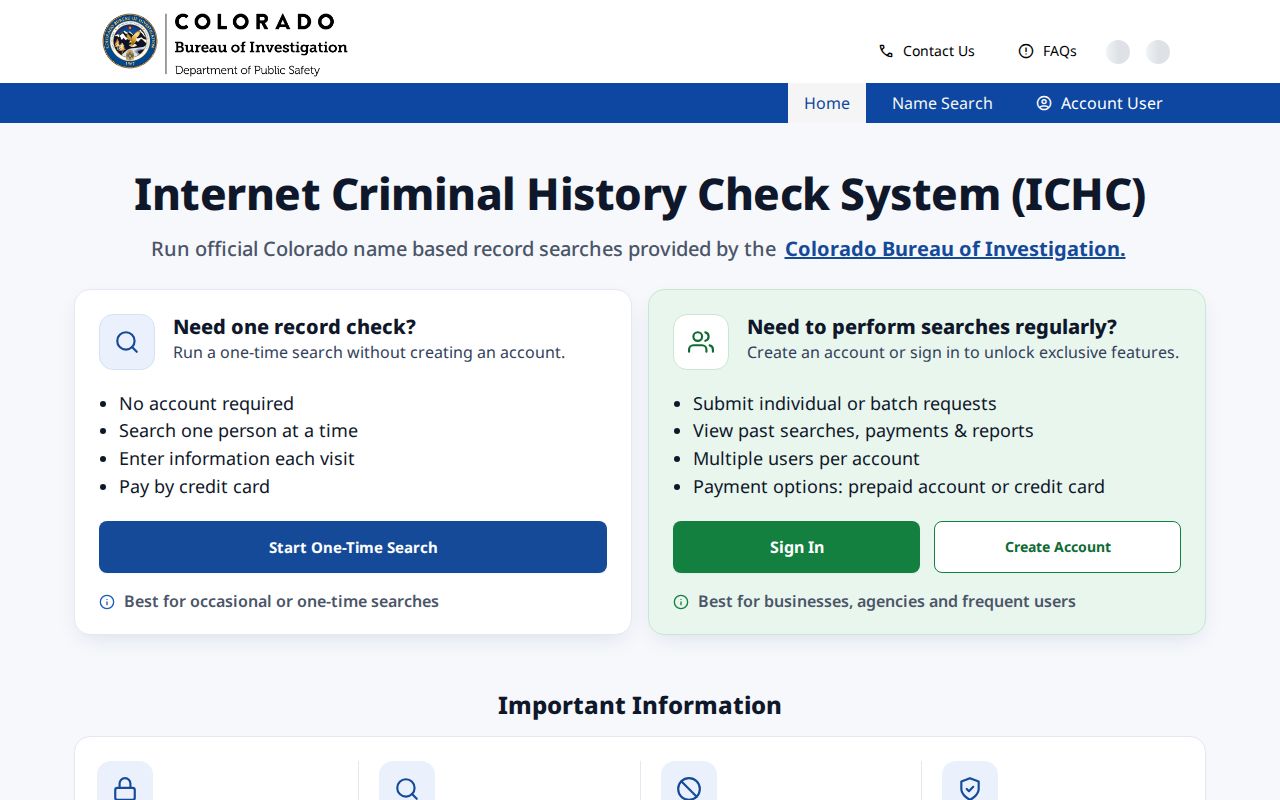 Kiowa County criminal history search fields in the CBI ICHC portal