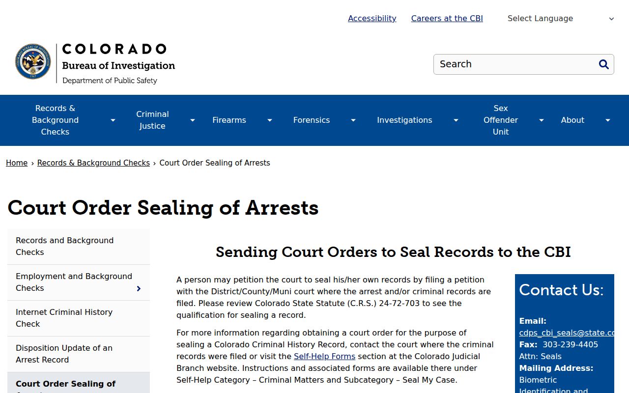 CBI court ordered sealing instructions relevant to Kiowa County case records