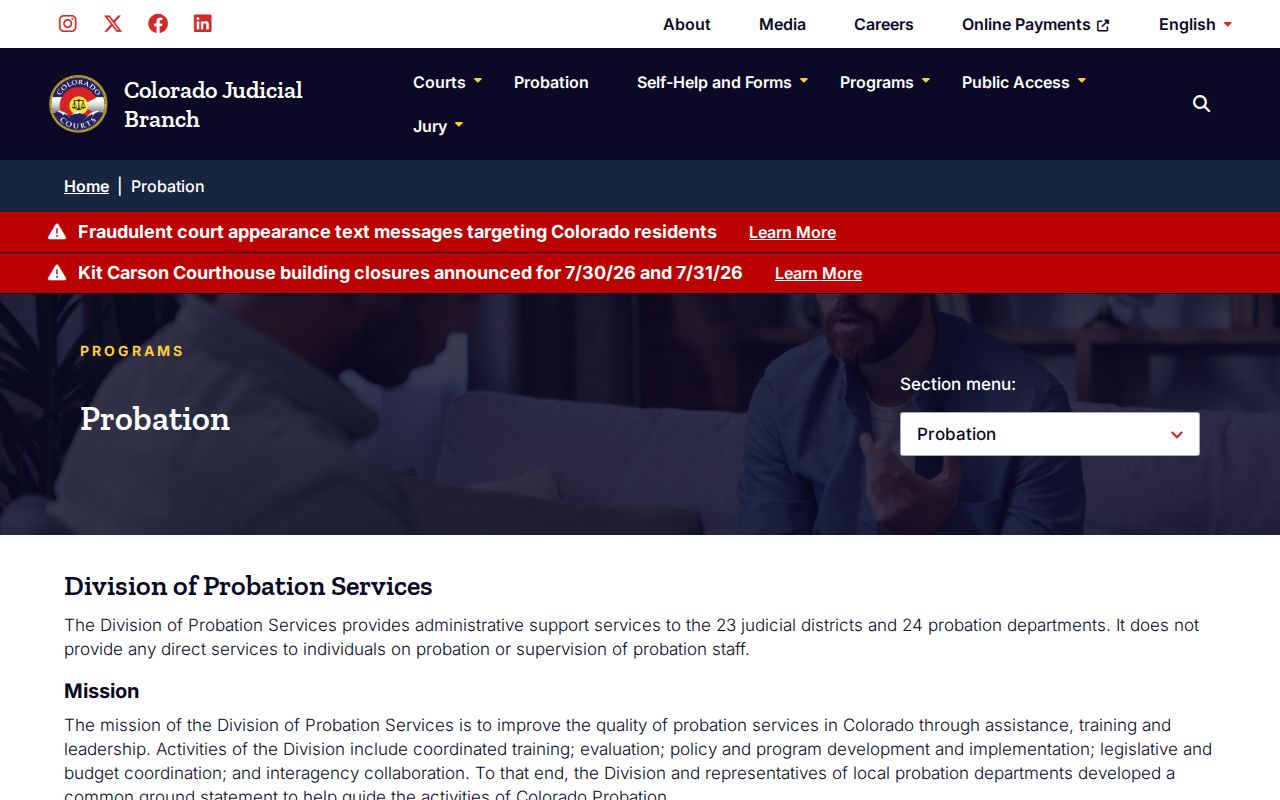 Colorado Judicial Branch probation routing for a Kiowa County sentence