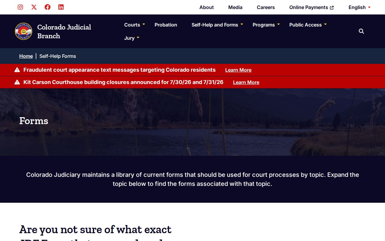 Colorado Judicial Branch searchable forms for Kiowa County court matters