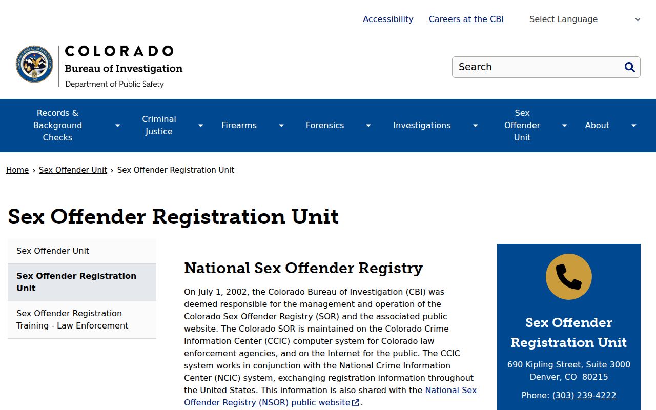 CBI Sex Offender Registration Unit contact page for Kiowa County questions
