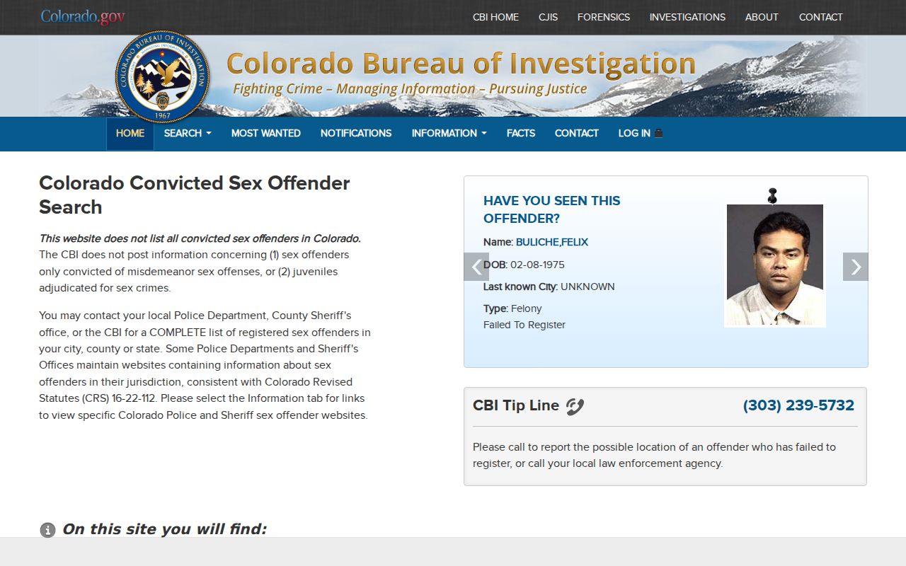 Official Colorado convicted sex offender registry landing page used for Kiowa County lookups